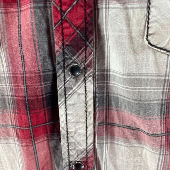 BKE Western Pearl Snap Shirt Mens Large Red White Plaid Athletic Fit Cowboy Work - Picture 8 of 12